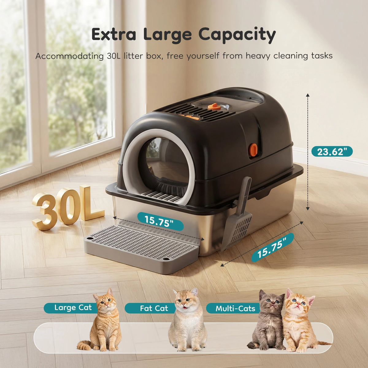 Convertible Stainless Steel Cat Litter Box with Dual Entry
