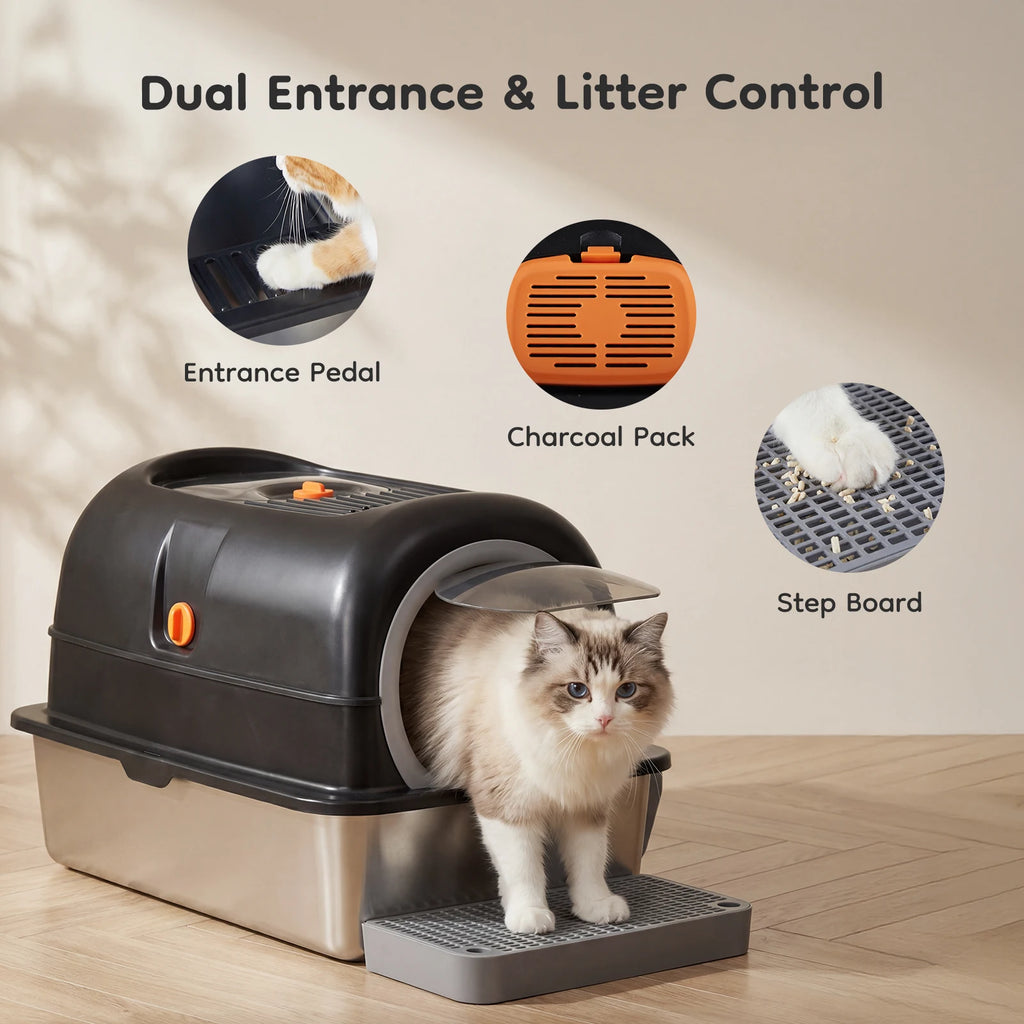 Convertible Stainless Steel Cat Litter Box with Dual Entry