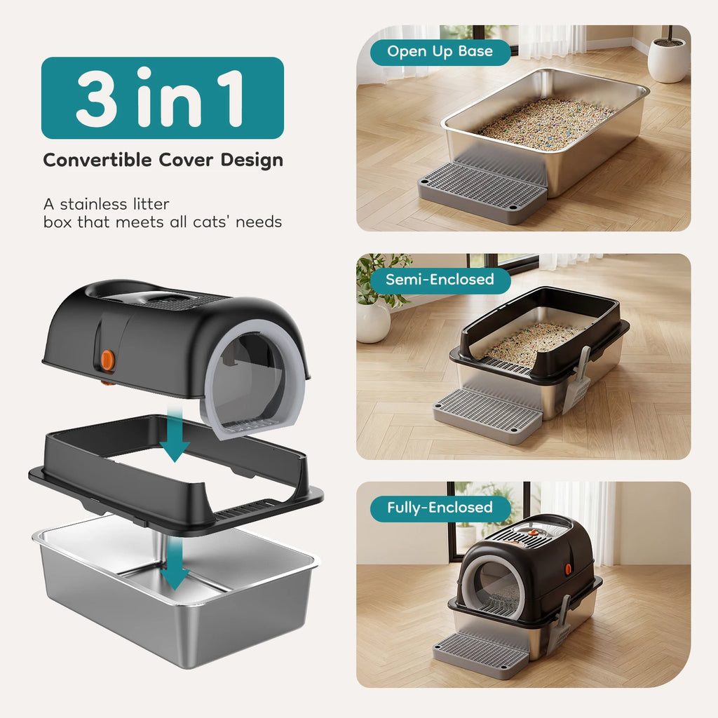 Convertible Stainless Steel Cat Litter Box with Dual Entry